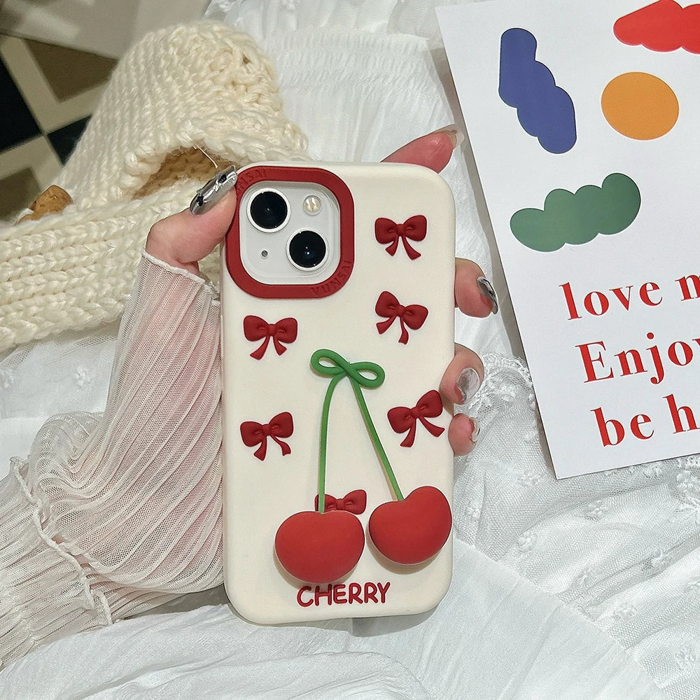 3D Bow Cherry Pendant Shockproof Cover Cartoon Shatter Silicone Soft Phone Case