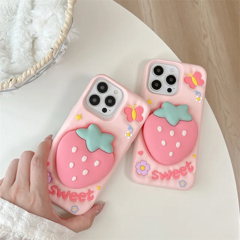 3D Cute Cartoon Strawberry Telescopic Bracket Silicone Phone Case For iPhone