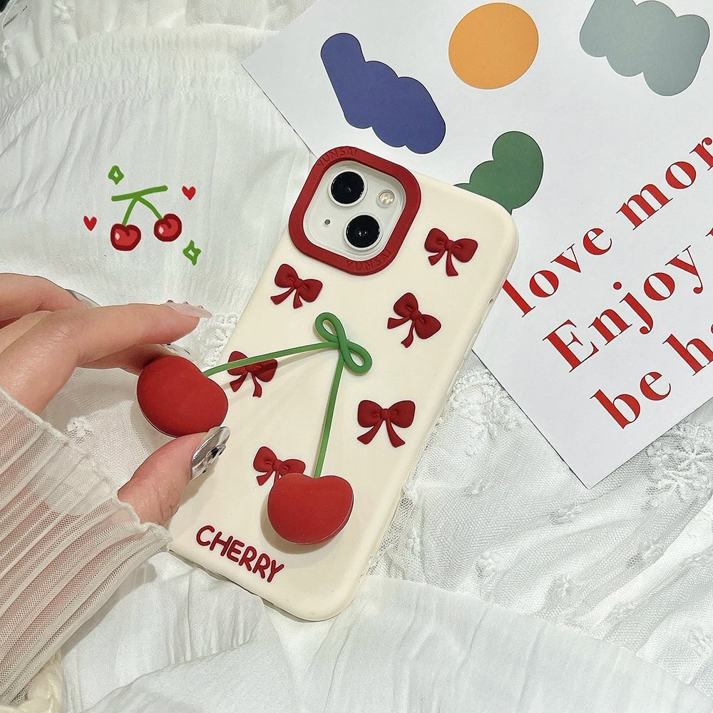 3D Bow Cherry Pendant Shockproof Cover Cartoon Shatter Silicone Soft Phone Case