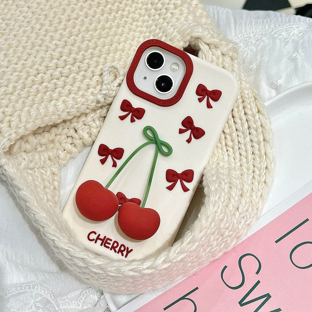 3D Bow Cherry Pendant Shockproof Cover Cartoon Shatter Silicone Soft Phone Case